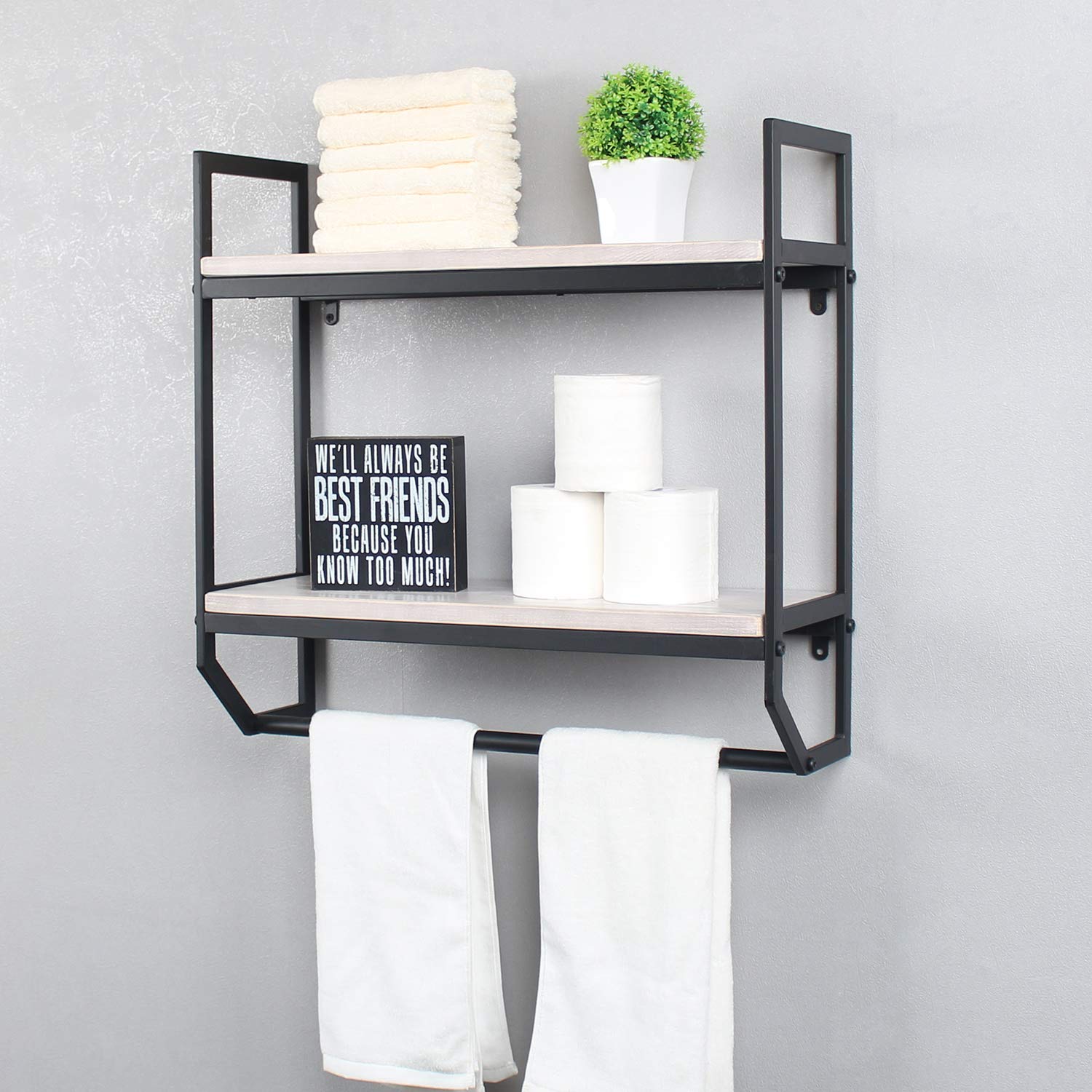 2-Tier Metal Industrial 23.6'' Bathroom Shelves Wall Mounted Rustic Wall Shelf Over Toilet Towel Rack with Towel Bar Utility Storage Shelf Rack  Floating Shelves Towel Holder Retro White